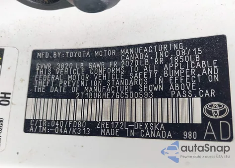 2016 Toyota Corolla S Plus из США, поврежденный, VIN 2T1BURHE7GC500593